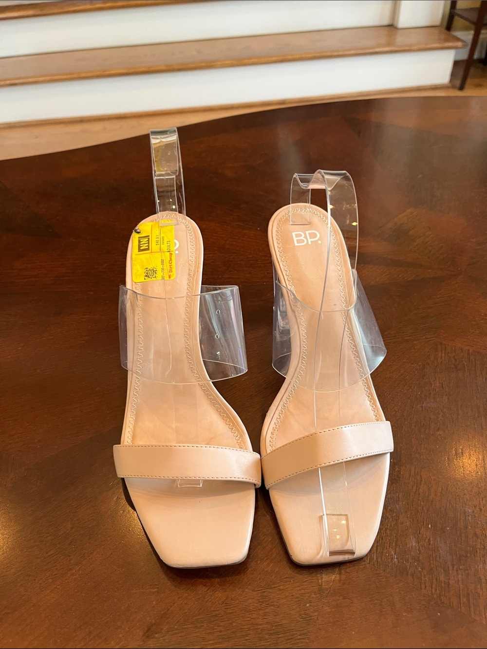 bp Beige Nude Square-Toe Heeled Sandals with Clear Straps